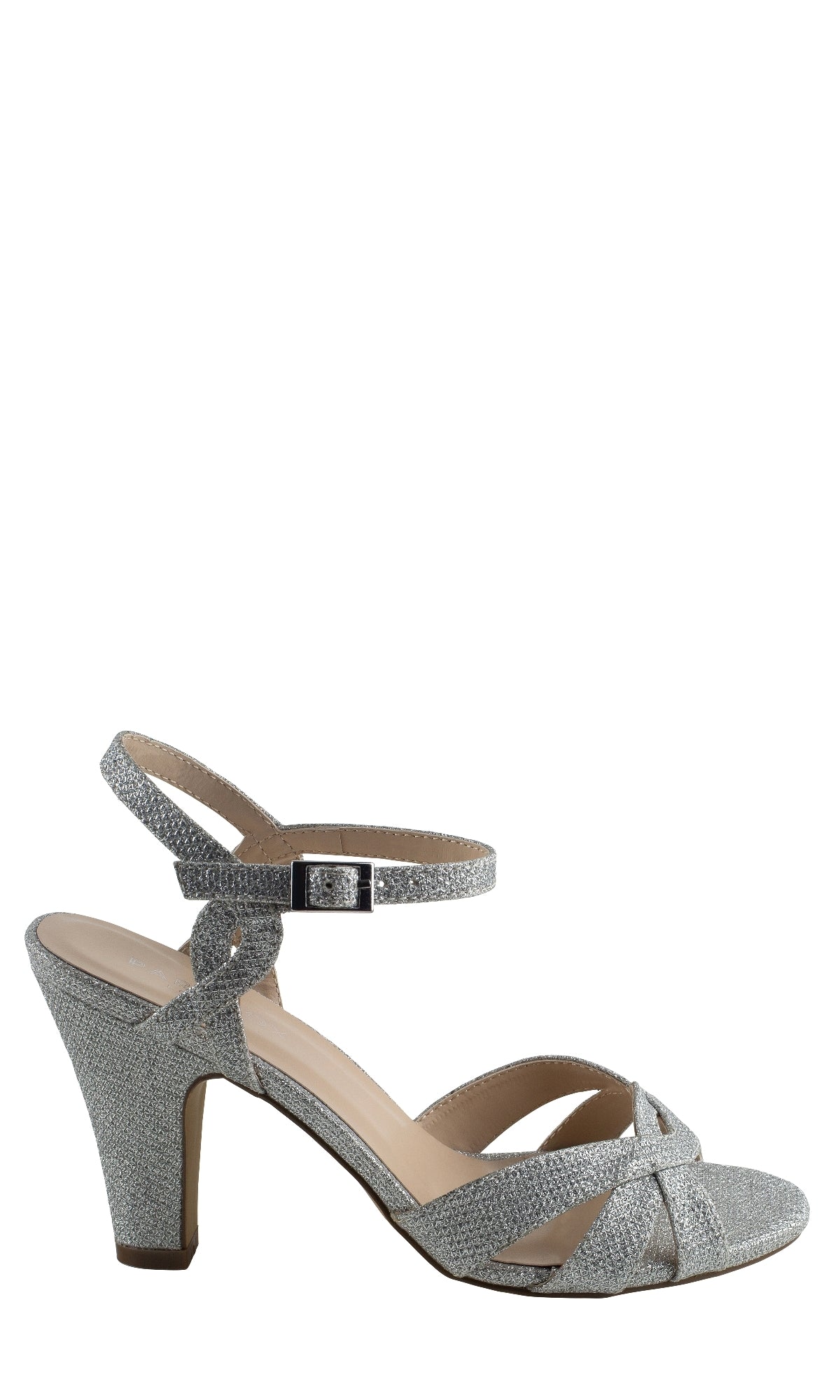 The Kitty Silver Glitter Mesh Prom Shoes by Paradox London P2105 feature a low high heel, ankle strap, open toe, and crisscross front design in sparkling silver glitter mesh, shown against a plain white background.